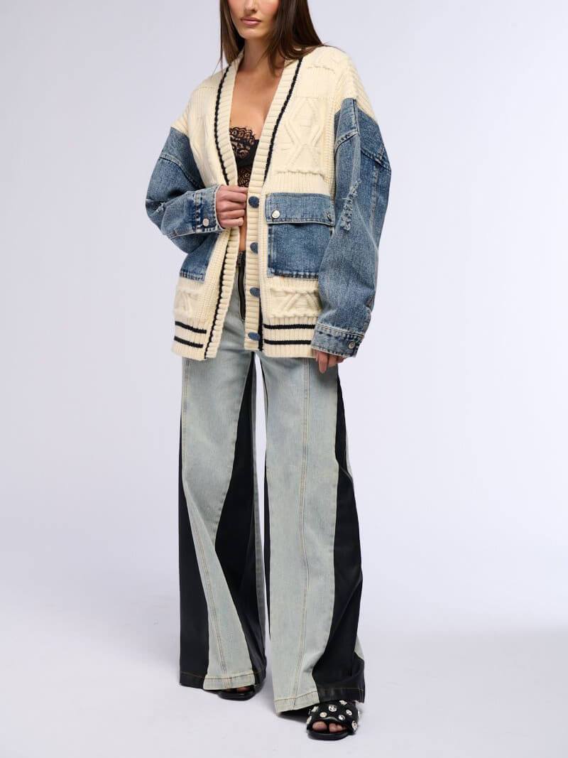 Unique Denim Patchwork Cable Knitted Coat