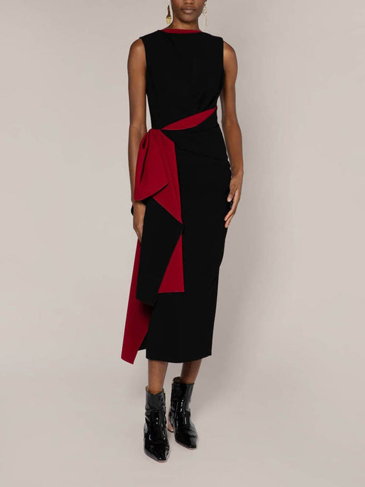 Unique Black And Sangria Patchwork Midi Dress