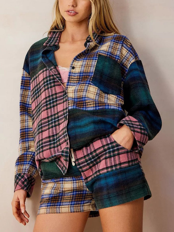 Unique Plaid Shorts Loose Stitching Pajama Set