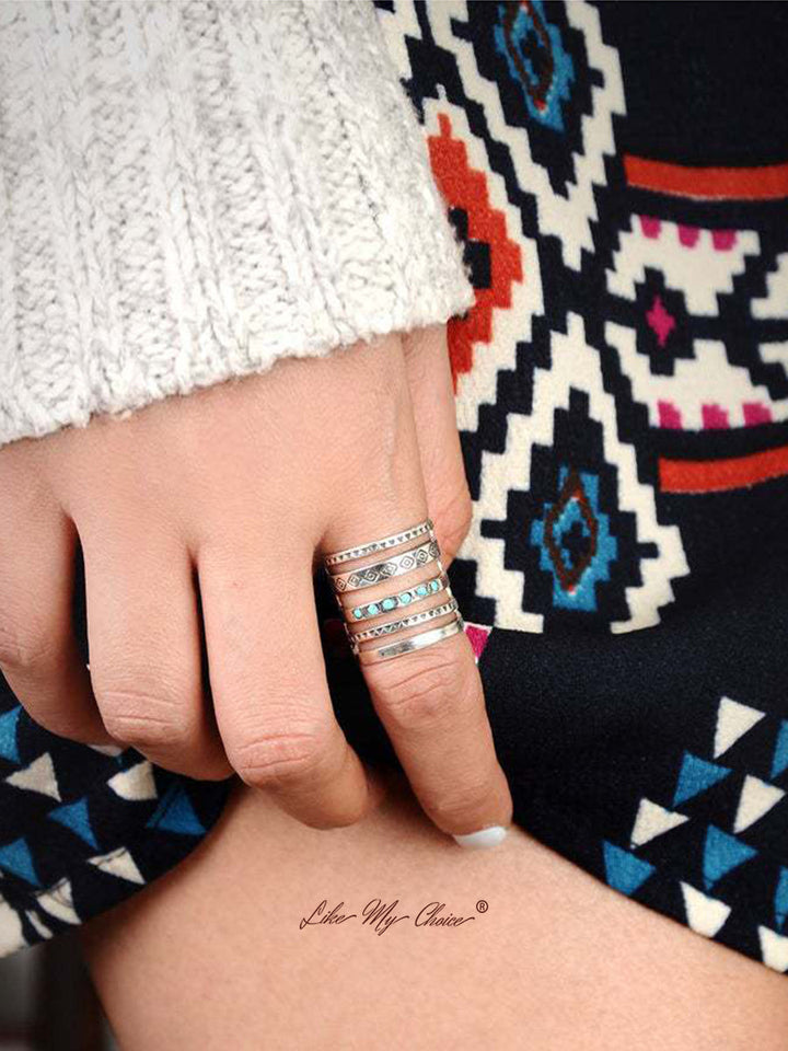 Vintage Engraved Hollow Turquoise Boho Ring