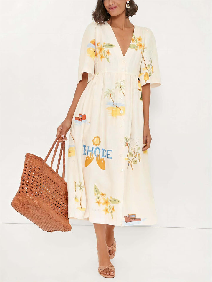 Unieke Folk Bloemenprint Pofmouw Midi Dress