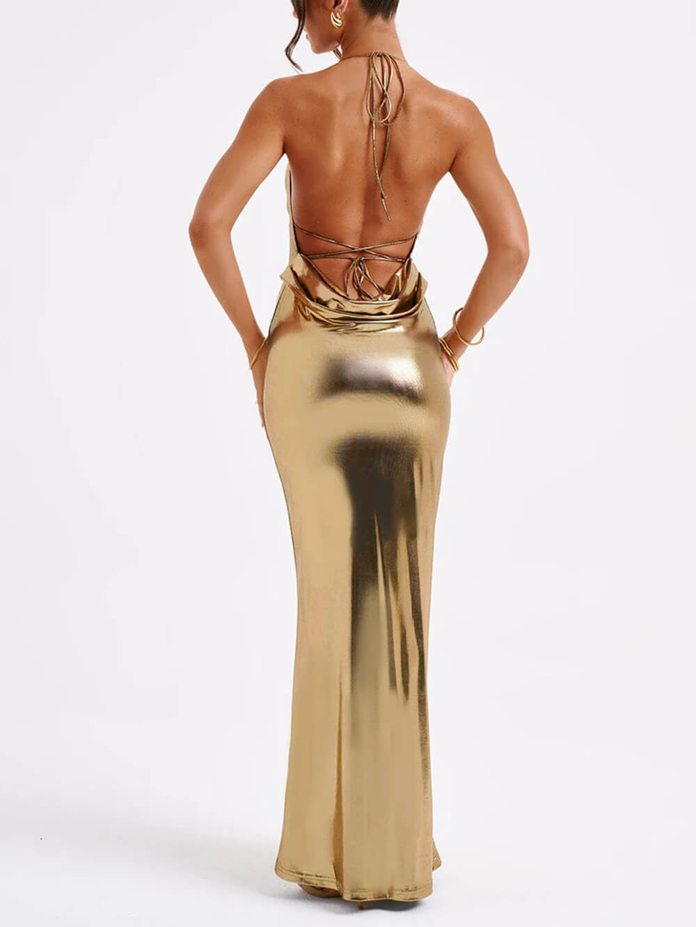 Lente Swing Kraag Glossy Metallic Rugloze Maxi Dress