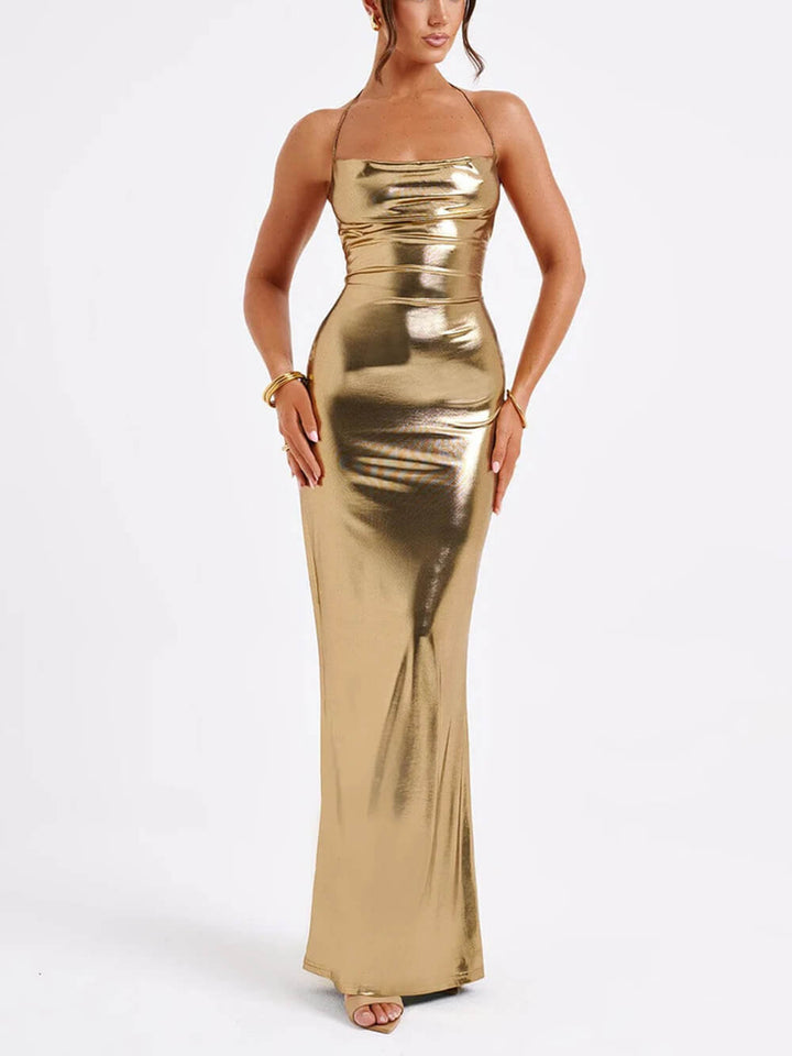 Lente Swing Kraag Glossy Metallic Rugloze Maxi Dress