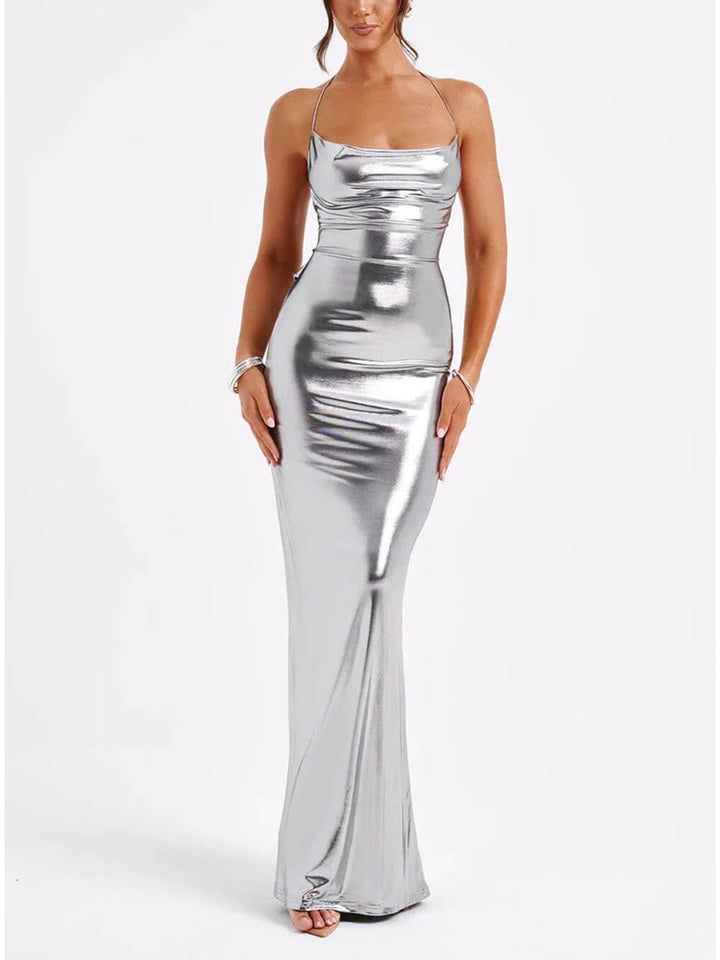 Lente Swing Kraag Glossy Metallic Rugloze Maxi Dress