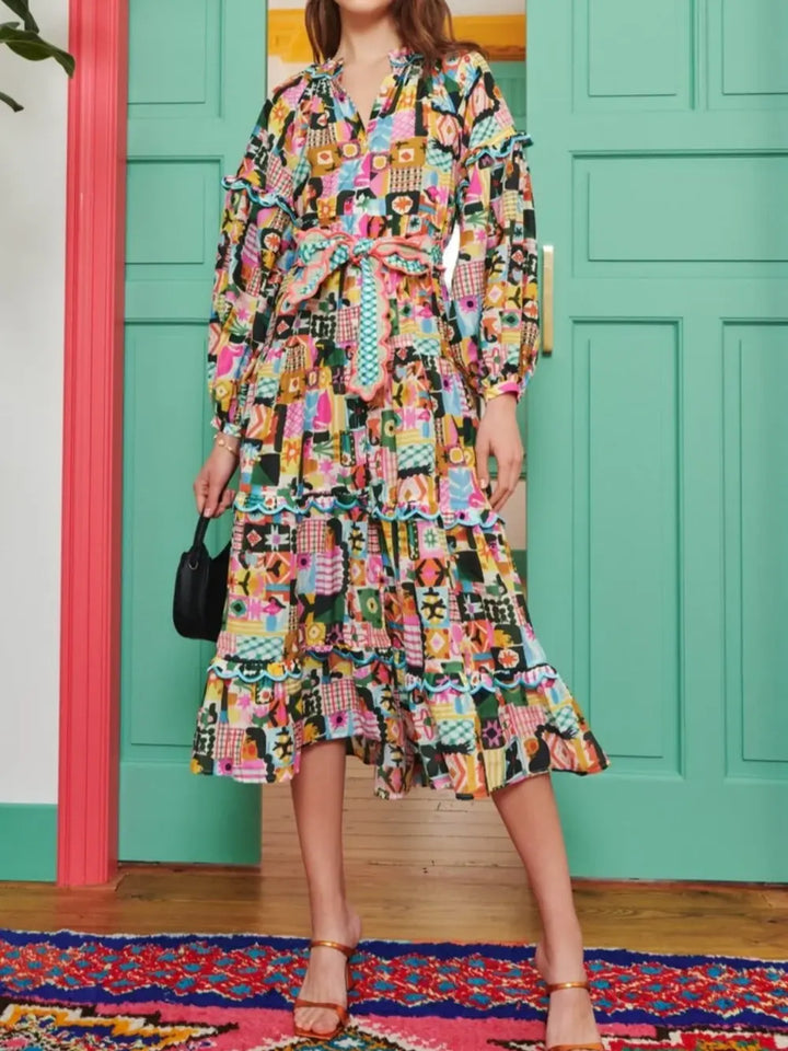 Unique Patchwork Painted Print Midi Dress