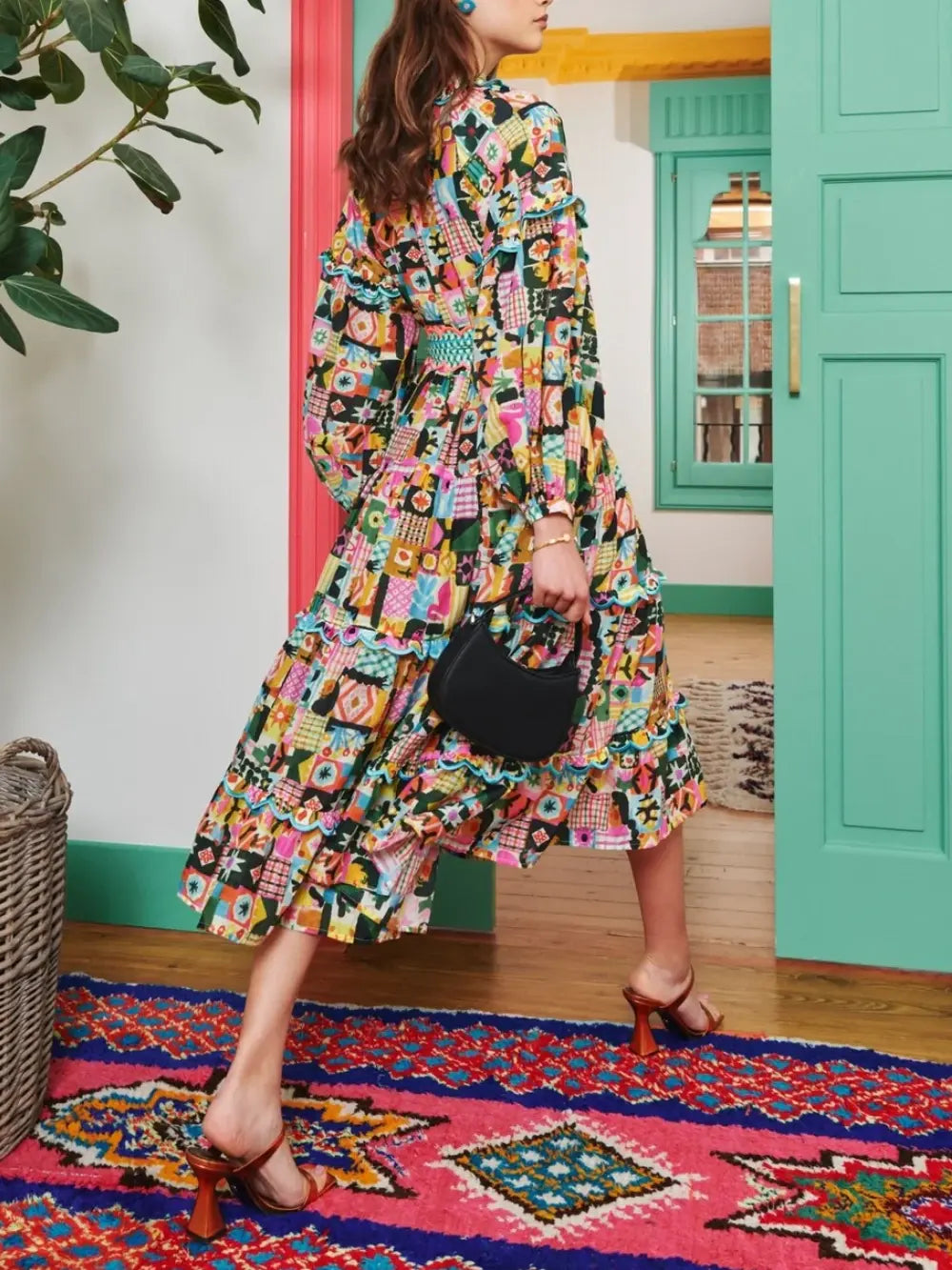 Unique Patchwork Painted Print Midi Dress